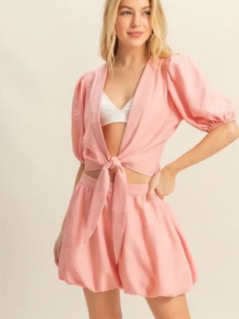 HYFVE Pink Front Tie Top and Bubble Hem Shorts